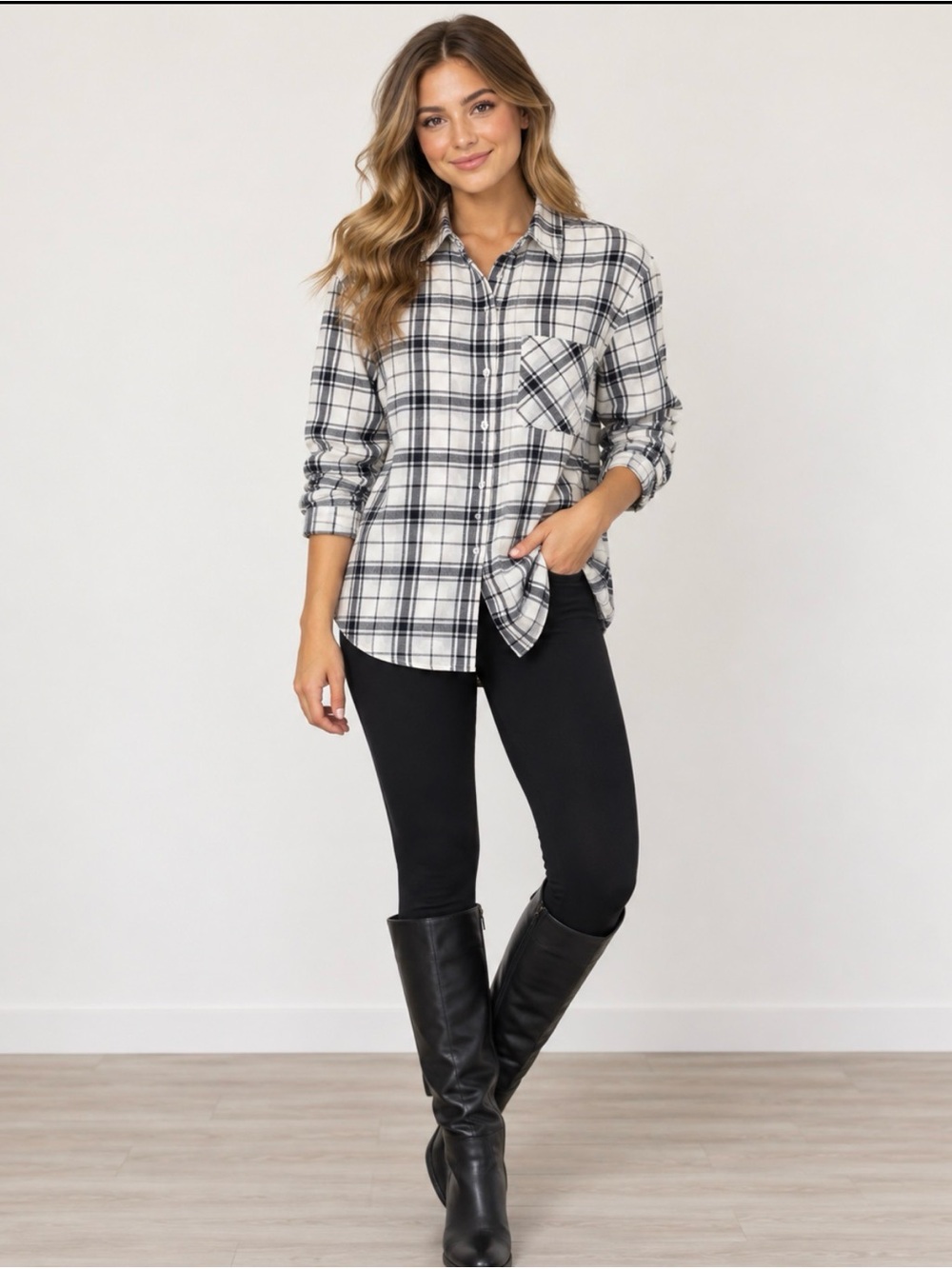 Victoria's Secret White and Black Plaid Button-Down Shirt
